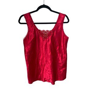 Satin Tank Top Size Medium Sleeveless Lace Sequin Embellished Red Poly Intimate